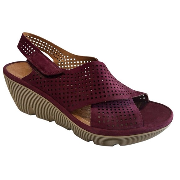 Clarks Clarene Award Womens 9.5M Plum Purple Nubuck Leather Wedge Sandal - Picture 2 of 16